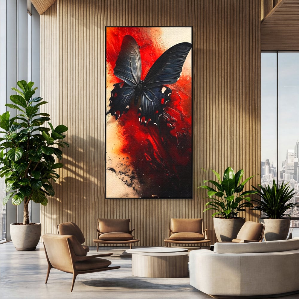 Tablou canvas cu tablou canvas cu fluture negru si fundal rosu, in rama de aluminiu negru, pe perete intr-un birou